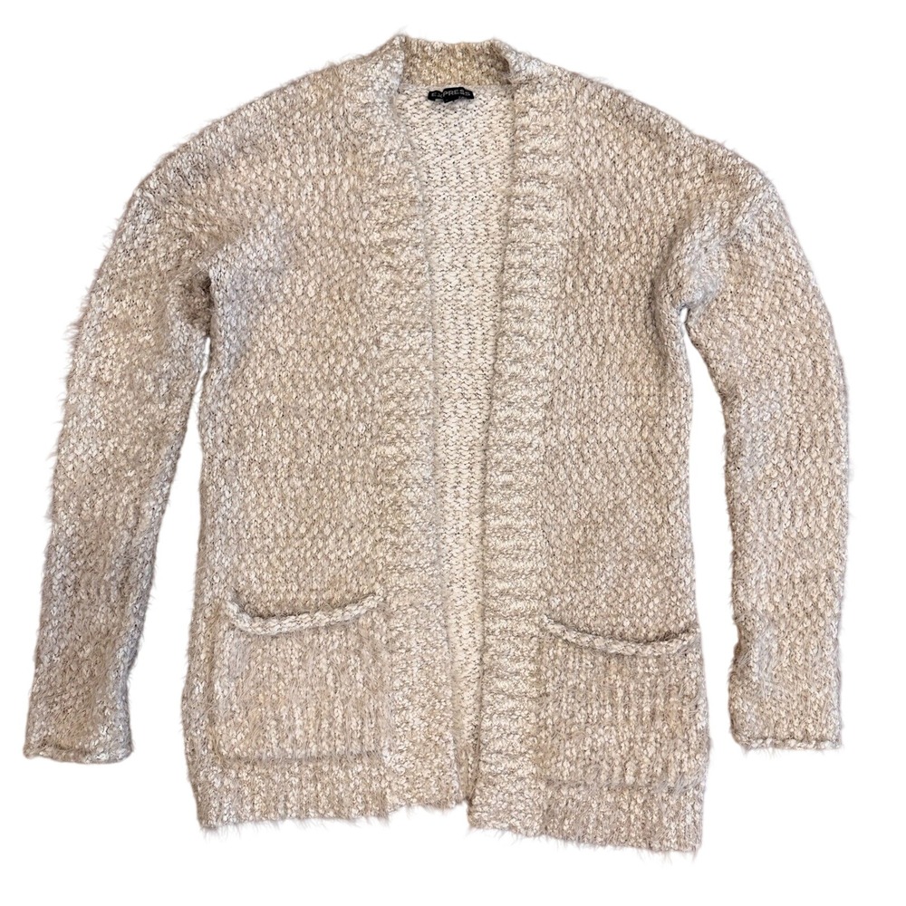 Express Cardigan Women XS Beige Oversized Eyelash Knit Open Front Pockets
